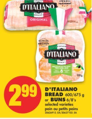 No Frills D'italiano bread 600/675 g or buns 6/8's offer