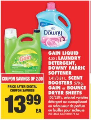 No Frills Gain liquid, 4.55 l laundry detergent, downy fabric softener, 1.41/3.81 l, scent boosters, 570 g, gain or bounce dryer sheets offer