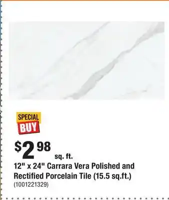 Home Depot 12" x 24" carrara vera polished and rectified porcelain tile (15.5 sq.ft.) offer