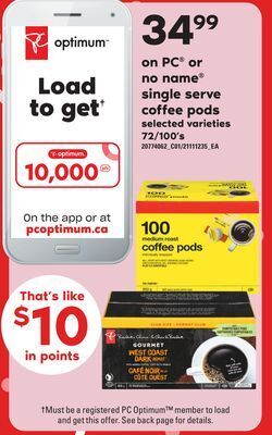Zehrs Markets Pc® or no name® single serve coffee pods, 72/100's offer