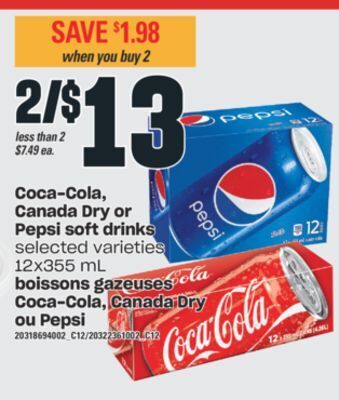 Valu-mart Boissons gazeuses coca-cola, canada dry ou pepsi 12x355 ml offer