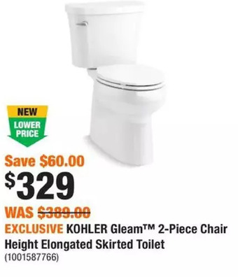 Home Depot Kohler gleam 2-piece chair height elongated skirted toilet offer