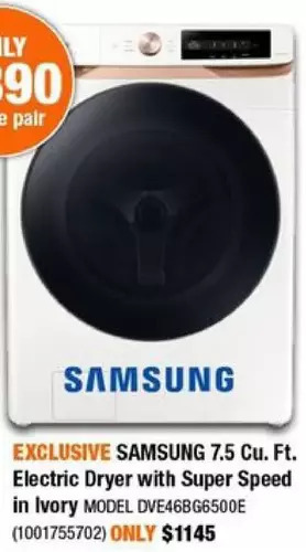 Home Depot Samsung 7.5 cu. ft. electric dryer with super speed in ivory offer