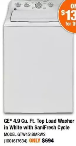Home Depot Ge 4.9 cu. ft. top load washer in white with sanifresh cycle offer