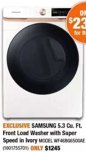 Home Depot Samsung 5.3 cu. ft. front load washer with super speed in ivory offer