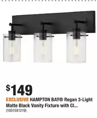 Home Depot Hampton bay regan 3-light bathroom matte black vanity light modern farmhouse linear bar clear cylinder glass offer