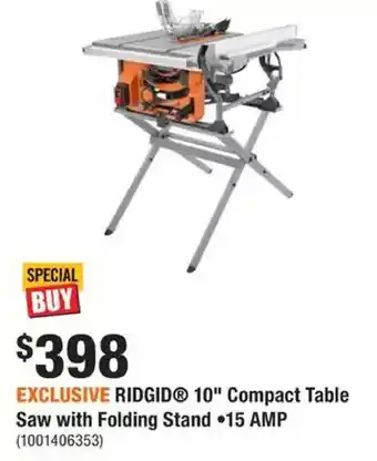 Home Depot Ridgid 10" compact table saw with folding stand • 15 amp offer