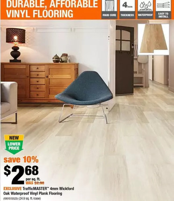 Home Depot Trafficmaster 4mm wickford oak waterproof vinyl plank flooring offer