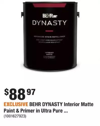 Home Depot Behr dynasty interior matte paint & primer - ultra pure white, 3.79l offer