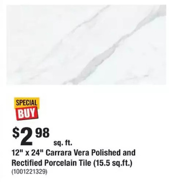 Home Depot 12" x 24" carrara vera polished and rectified porcelain tile (15.5sq.ft) offer