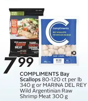 Sobeys Compliments bay scallops or marina del rey wild argentinian raw shrimp meat offer