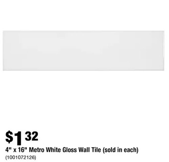 Home Depot 4" x 16" metro white gloss wall tile offer