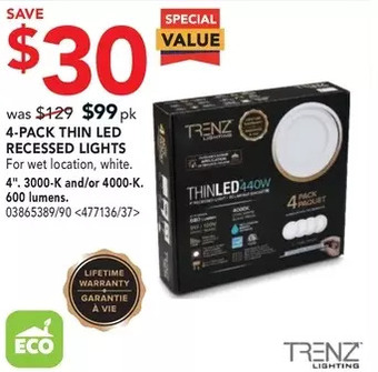 RONA Trenz lighting 4-pack thin led recessed lights offer