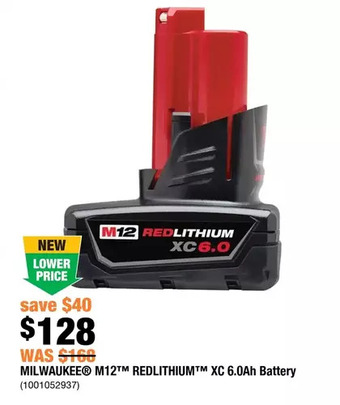 Home Depot Milwaukee m12 redlithium xc 6.0ah battery offer