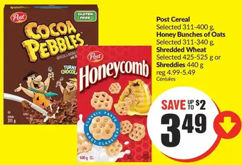 FreshCo Post cereal, honey bunches of oats, shredded wheat or shreddies offer