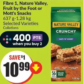 FreshCo Fibre 1, nature valley, fruit by the foot or mott's snacks offer