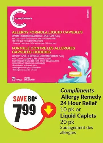 FreshCo Compliments allergy remedy 24 hour relief or liquid caplets offer