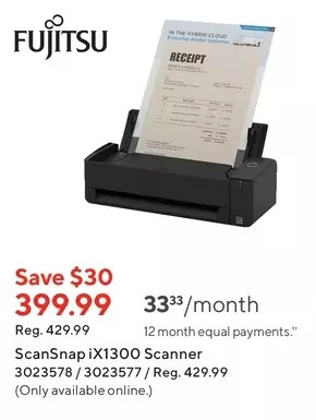 Staples Fujitsu scansnap ix1300 scanner offer