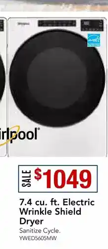 KW Appliance Plus Whirlpool 7.4 cu. ft. electric wrinkle shield dryer offer
