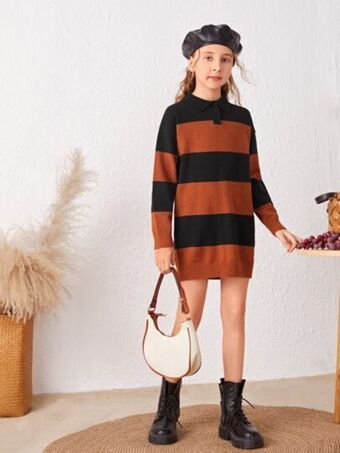 SheIn Shein girls color block polo collar sweater dress offer