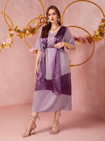 SheIn Shein plus two tone plicated detail draped belted dress offer