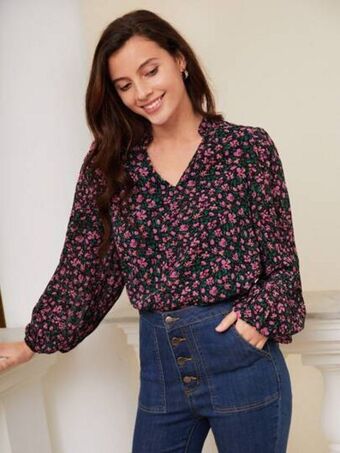 SheIn Shein frenchy ditsy floral notched neck bishop sleeve blouse offer