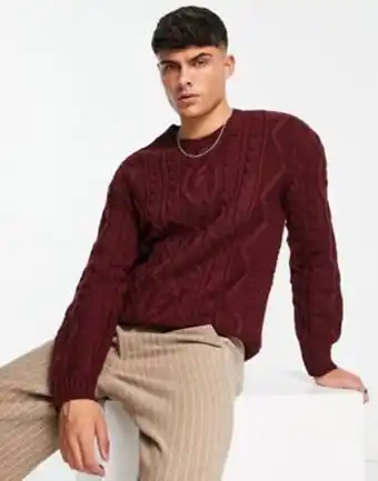 Asos Asos design heavyweight cable knit jumper in burgundy offer
