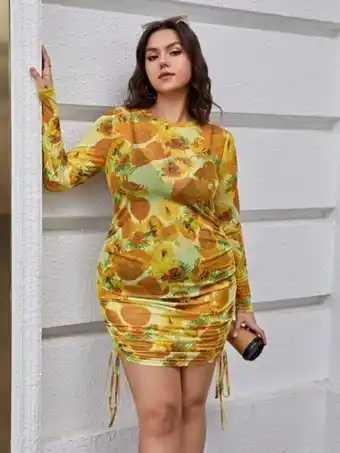 SheIn Shein ezwear plus floral print drawstring side mesh bodycon dress without lingerie offer