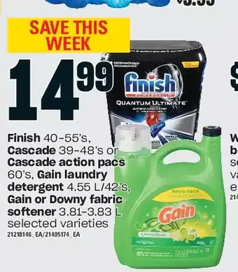 Loblaws Finish, cascade or cascade action pacs, gain laundry detergent, gain or downy fabric softener offer