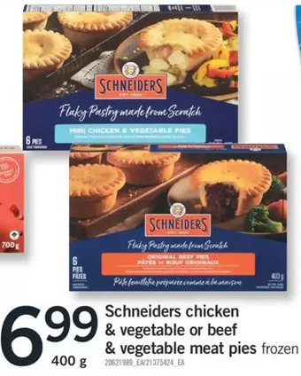 Fortinos Schneiders chicken & vegetable or beef & vegetable meat pies offer