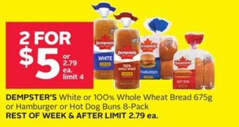 Rexall Dempster's white or 100% whole wheat bread 675g or hamburger or hot dog buns 8-pack offer