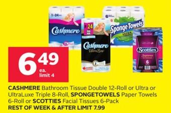 Rexall Cashmere bathroom tissue double 12-roll or ultra or ultraluxe triple 8-roll, spongetowels paper towels 6-roll or scotties fac offer