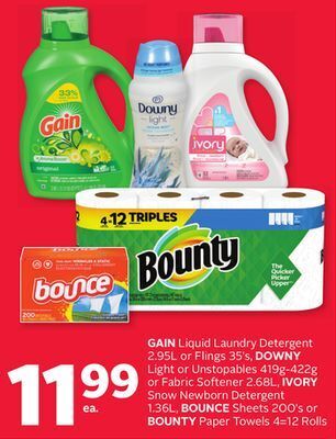 Rexall Gain liquid laundry detergent 2.95l or flings 35' s, downy light or unstopables 419g-422g or fabric softener 2.68l, ivory sno offer