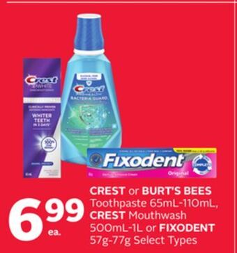Rexall Crest or burt's bees toothpaste 65ml-110ml, crest mouthwash 500ml-1l or fixodent 57g-77g offer