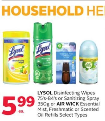Rexall Lysol disinfecting wipes 75' s-84' s or sanitizing spray 350g or air wick essential mist, freshmatic or scented oil refills offer