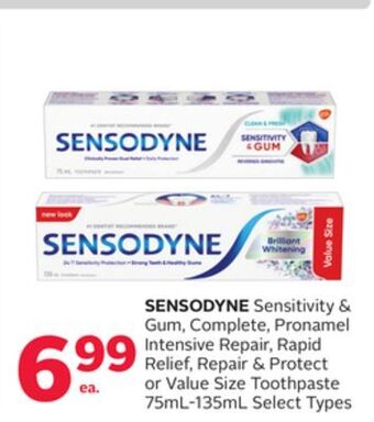 Rexall Sensodyne sensitivity & gum, complete, pronamel intensive repair, rapid relief, repair & protect or value size toothpaste 75m offer