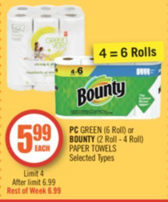 Shoppers Drug Mart Pc green (6 roll) or bounty (2 roll - 4 roll) paper towels offer