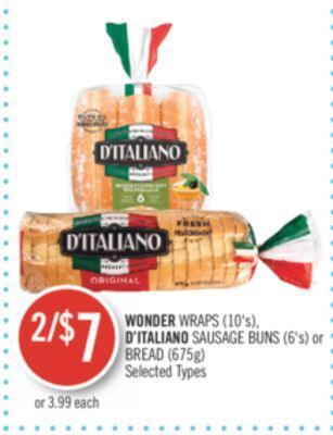 Shoppers Drug Mart Wonder wraps (10's), d'italiano sausage buns (6's) or bread (675g) offer