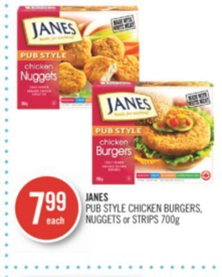 Shoppers Drug Mart Janes pub style chicken burgers, nuggets or strips offer