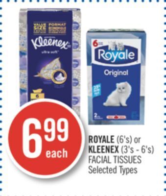 Shoppers Drug Mart Royale (6's) or kleenex (3's - 6's) facial tissues offer