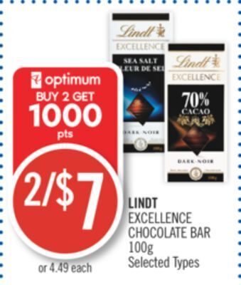 Shoppers Drug Mart Lindt excellence chocolate bar offer