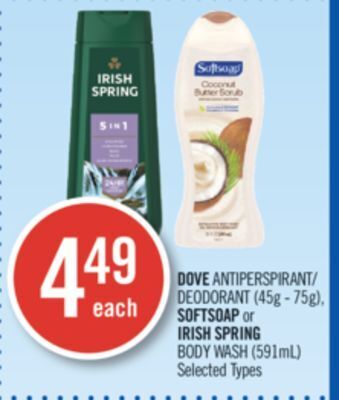 Shoppers Drug Mart Dove deodorant (45g - 75g), softsoap or irish spring body wash (591ml) offer