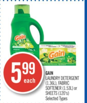 Shoppers Drug Mart Gain laundry detergent (1.36l), fabric softener (1.53l) or sheets (120's) offer