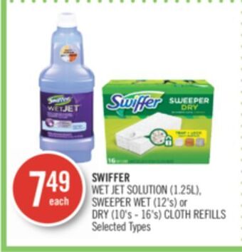 Shoppers Drug Mart Swiffer wet jet solution (1.25l), sweeper wet (12's) or dry (10's - 16's) cloth refills offer