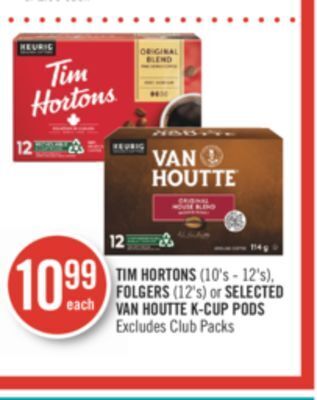 Shoppers Drug Mart Tim hortons (10's - 12's), folgers (12's) or selected van houtte k-cup pods offer