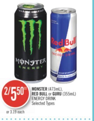 Shoppers Drug Mart Monster (473ml), red bull or guru (355ml) energy drink offer