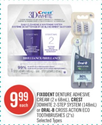 Shoppers Drug Mart Fixodent denture adhesive cream (2 x 68ml), crest 3dwhite 2-step system (148ml) or oral-b cross action eco toothbrushes (2's) offer