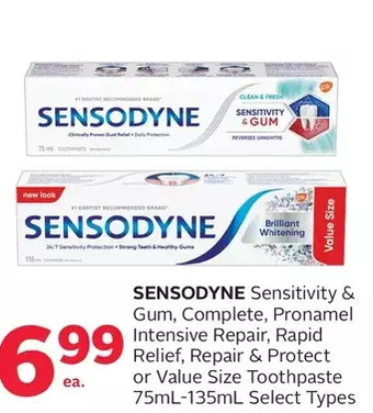 Rexall Sensodyne sensitivity & gum, complete, pronamel intensive repair, rapid relief, repair & protect or value size toothpaste offer