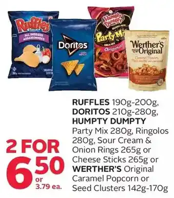 Rexall Ruffles, doritos, humpty dumpty party mix, ringolos, sour cream & onion rings or cheese sticks or werther's original caramel offer