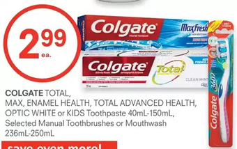 Guardian Pharmacy Colgate total, max, enamel health, total advanced health, optic white or kids toothpaste, manual toothbrushes or mouthwash offer